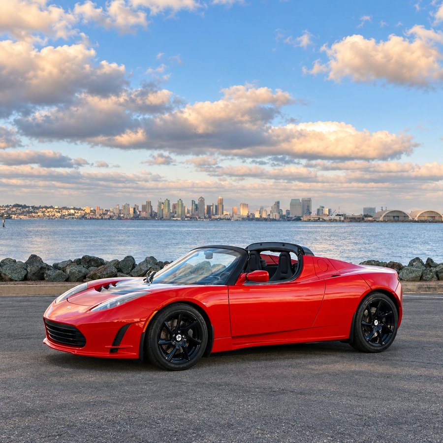 A red first-generation Tesla Roadster parked by the water in front of a city skyline